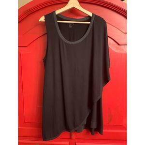 Lane Bryant 18-20 Black Satin Trimmed Neck One Shoulder Drape Shirt Blouse EUC